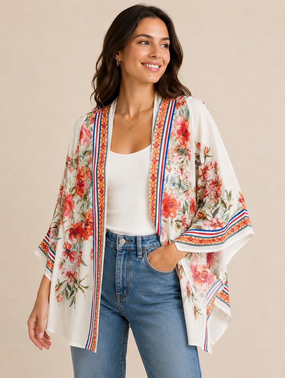 Flying Tomato White Kimono Tunic with Coral & Green Floral Print